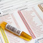 Laboratory sample vial lying on procedure coding form