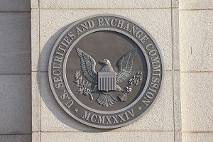 Securities and Exchange Commission building with logo zoomed in
