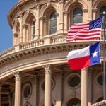 Texas Capital Building with United States Flag and Texas State Flag